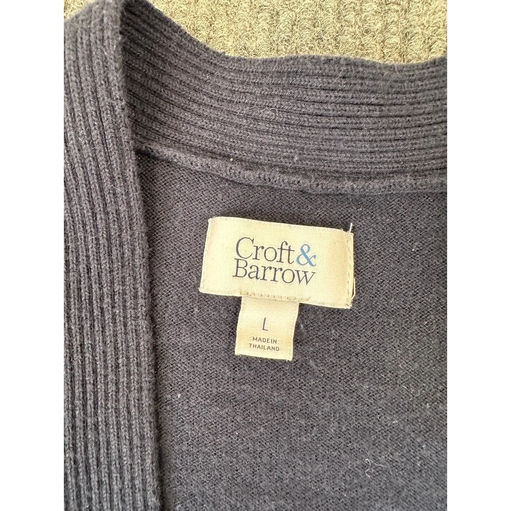 Croft & Barrow Womens Open Front Cardigan Size L Navy Blue Ribbed Trim Knit